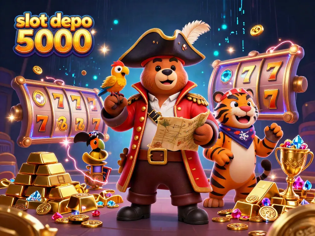 Experience thrilling action with slot depo 5000 in a vibrant casino scene featuring cartoon characters and dazzling gems.
