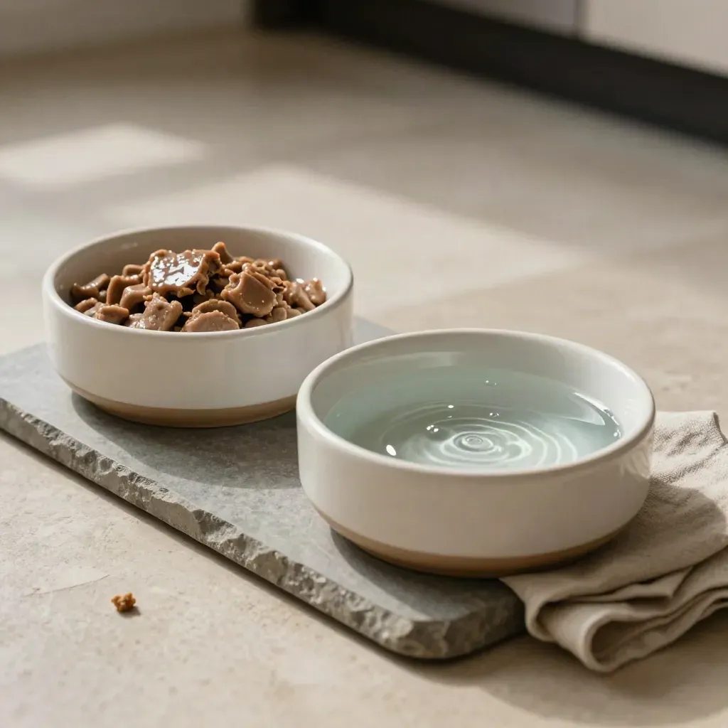 Due ciotole in ceramica con pappa umida e acqua fresca su vassoio di pietra e lino.