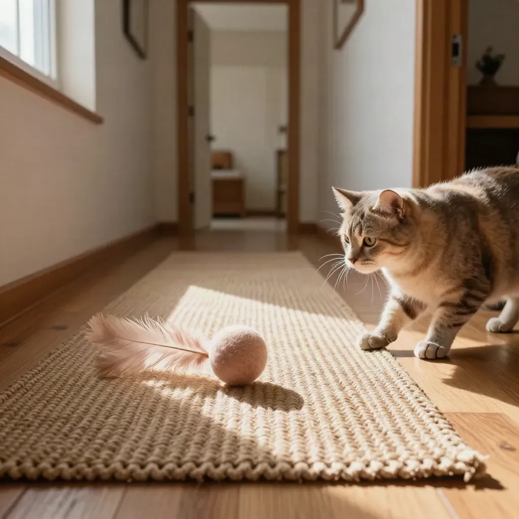 Gatto che si tende su un tappeto intrecciato con piuma-gioco e pallina in feltro in un corridoio caldo.