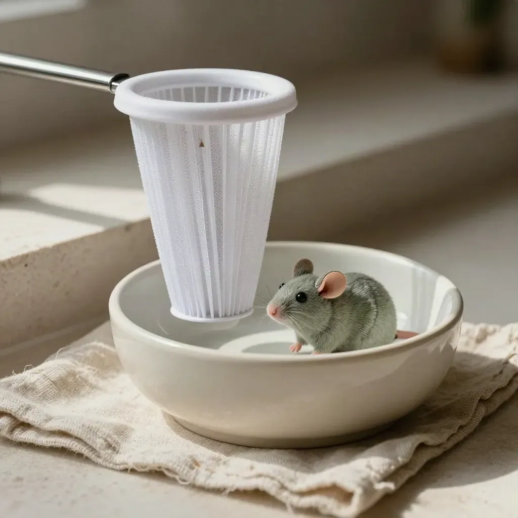 Filtro fontanella, ciotola in ceramica e topolino in tessuto su lino naturale, in luce radente.