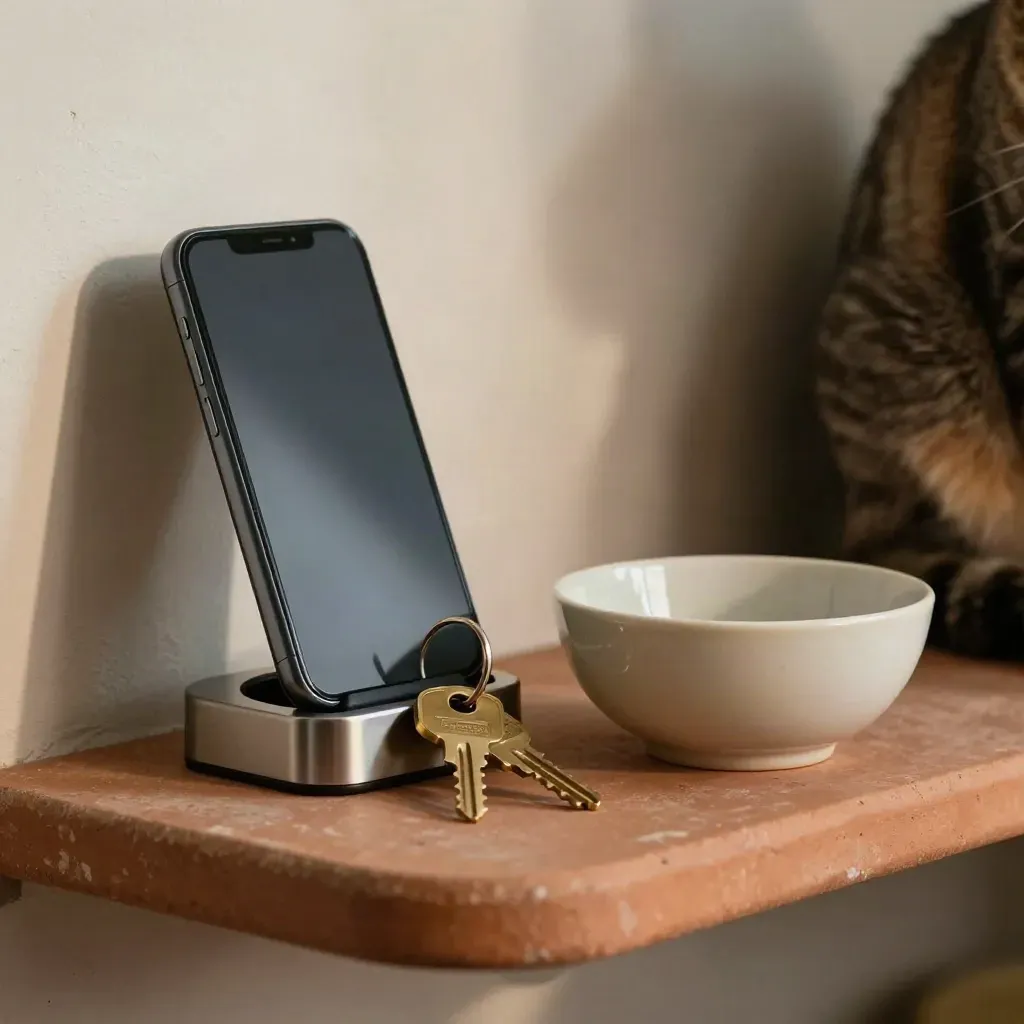 Kit di supporto clienti per cat sitting con smartphone, chiavi di scorta e ciotola in ceramica