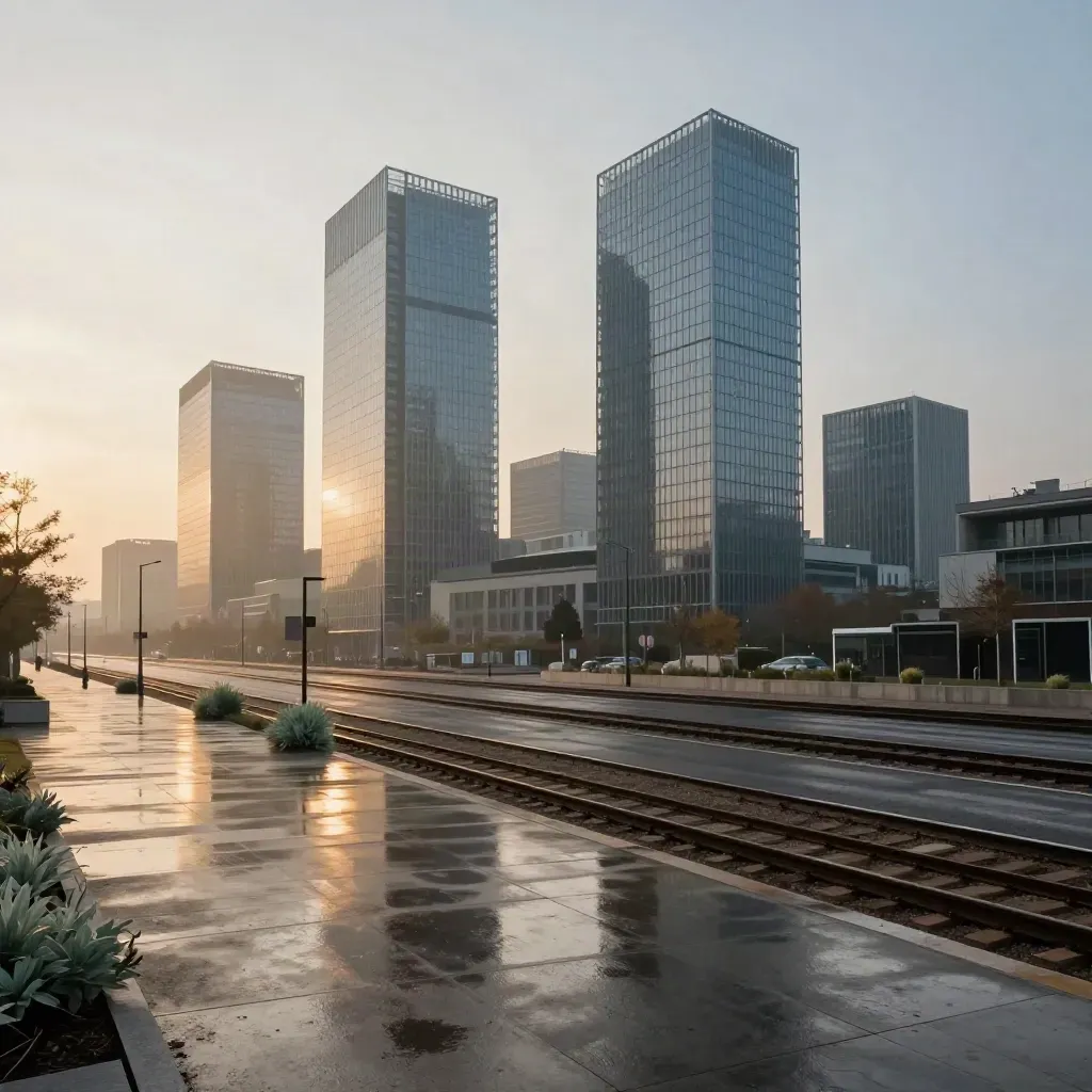 Skyline di Milano Nord al tramonto con Porta Nuova, vetro bagnato e binari lucidi nella foschia